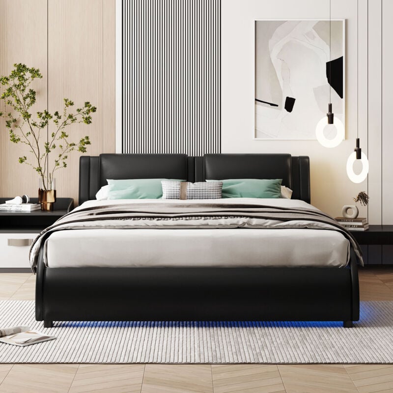 foto del prodotto letto per adulti letto matrimoniale imbottito 140 x 200 cm con led, in similpelle. nero