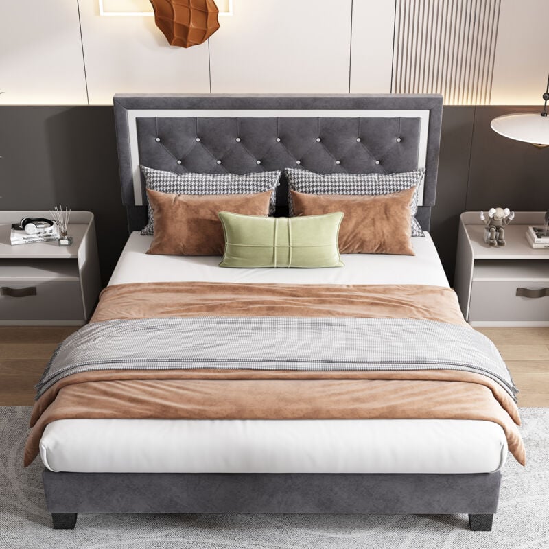 foto del prodotto letto per adulti letto matrimoniale imbottito 140 x 200 cm con rete a doghe e testiera, velluto, grigio