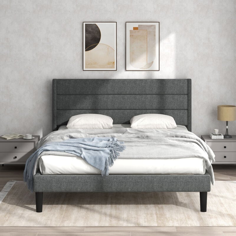 foto del prodotto letto per adulti letto matrimoniale imbottito per ragazzi 140 x 200 cm con rete a doghe e testiera, rivestimento tessile in lino grigio, senza