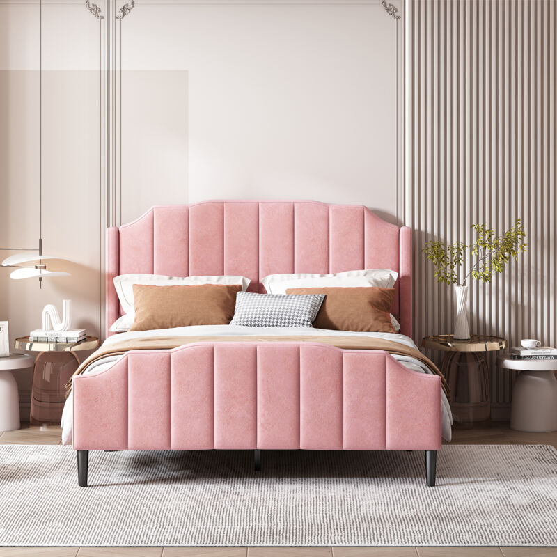 foto del prodotto letto per adulti letto matrimoniale imbottito per ragazzi 140 x 200 cm con testiera, velluto, rosa