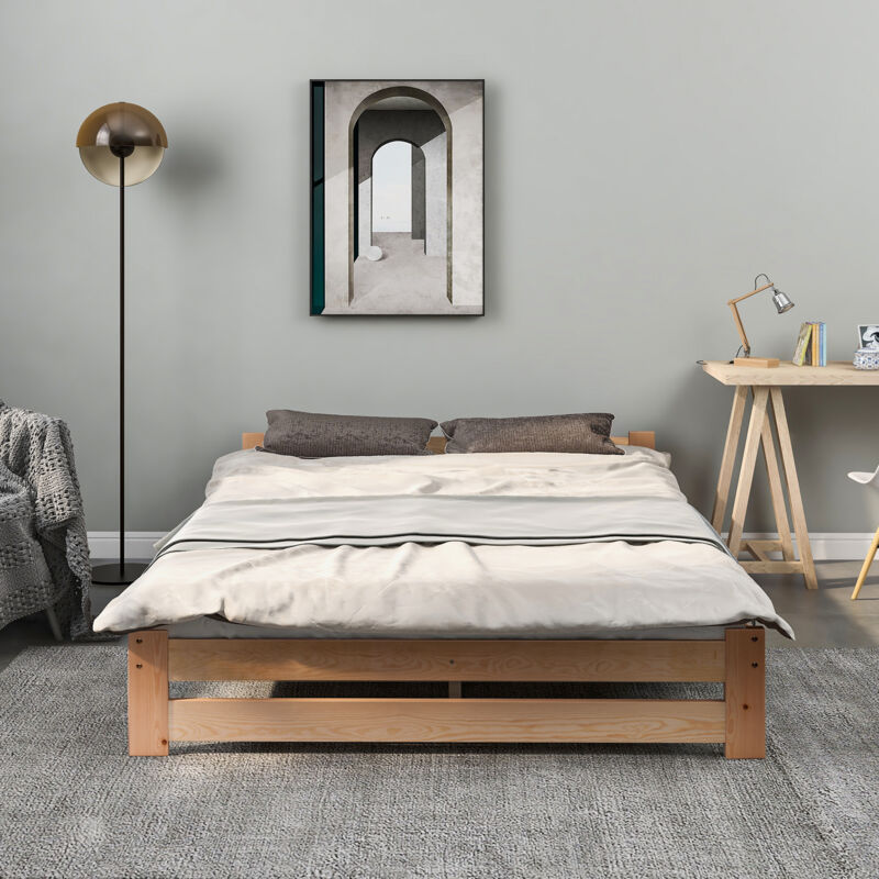 foto del prodotto letto per adulti letto matrimoniale letto in legno 140 x 200 cm con testiera e rete a doghe, naturale
