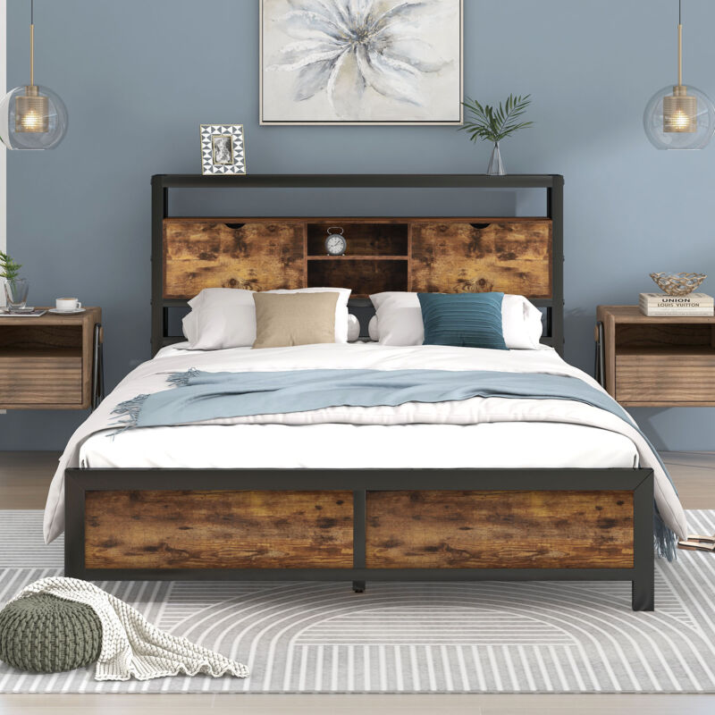 foto del prodotto letto per adulti letto matrimoniale letto in metallo 140x200 cm con testiera contenitore e rete a doghe, nero e naturale