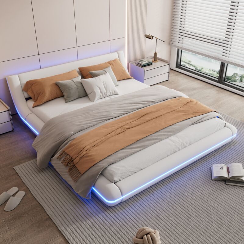 foto del prodotto letto per adulti, letto matrimoniale, luce ambientale a led, telecomando a 24 tasti, pu, senza materasso, bianco 160x200cm