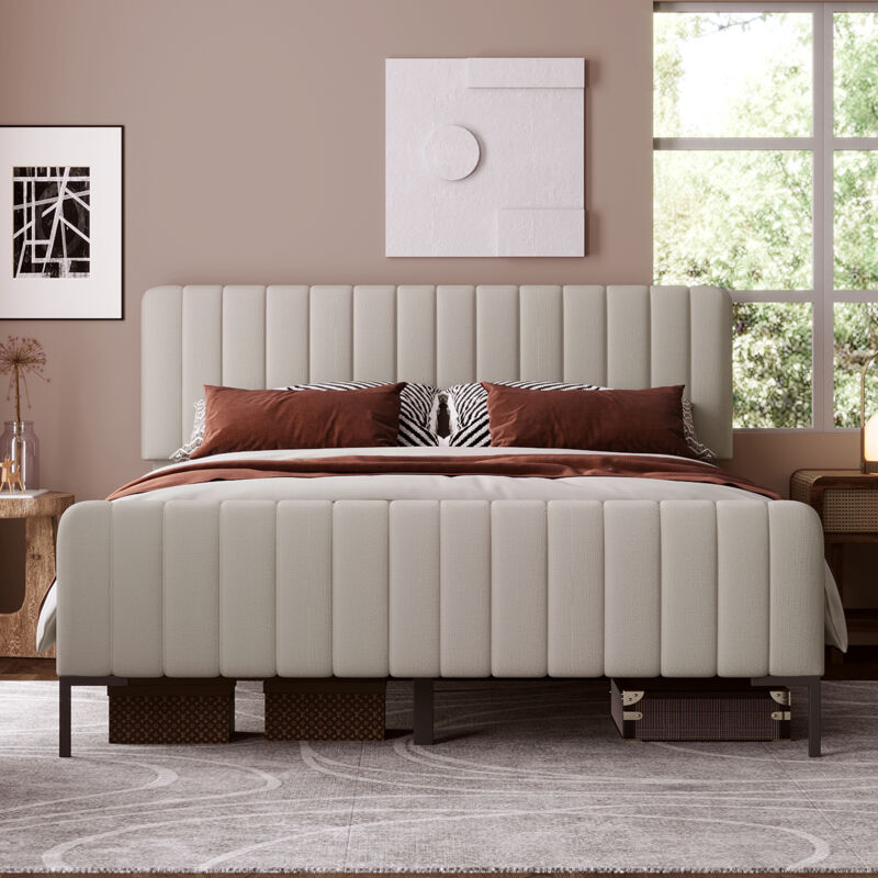 foto del prodotto letto per adulti, letto per bambini con testiera regolabile, lino, beige 180 x 200 cm