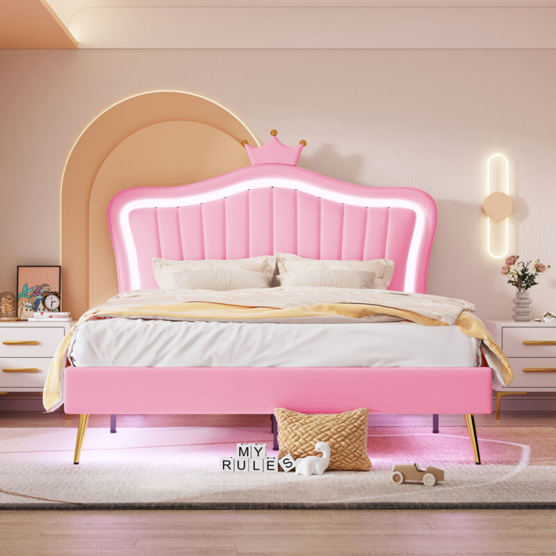 foto del prodotto letto per adulti letto per bambini imbottito 140 x 200 cm con led, a forma di corona per bambine, in similpelle, rosa
