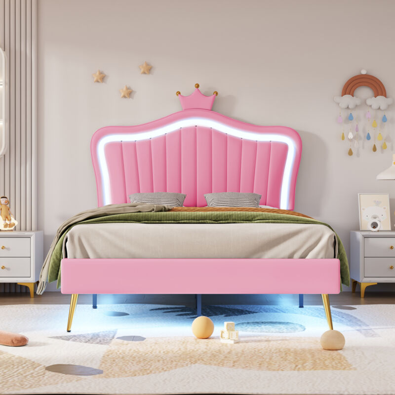 foto del prodotto letto per adulti letto per bambini imbottito 90 x 200 cm con led, a forma di corona per bambine, in similpelle, rosa