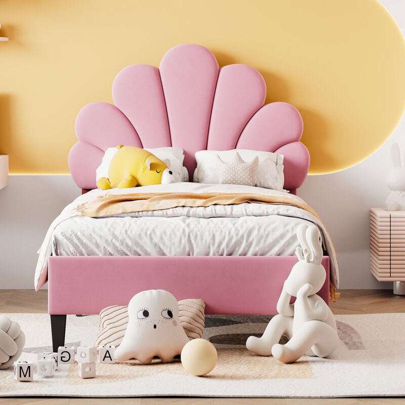 foto del prodotto letto per adulti letto per bambini imbottito 90 x 200 cm, giroletto con testiera floreale e rete a doghe, velluto, rosa