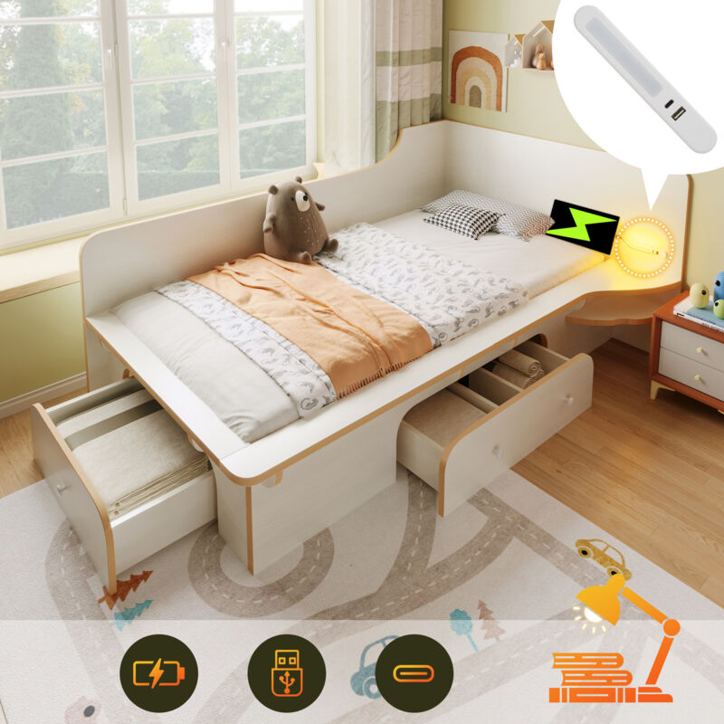 foto del prodotto letto per adulti letto per bambini letto per adolescenti 90 x 200 cm con luce di lettura, usb, tipo c e 3 cassetti, design antiscivolo, in legno,