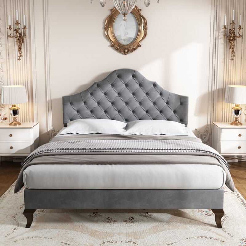 foto del prodotto letto per adulti letto per ragazzi letto matrimoniale imbottito 140 x 200 cm con rete a doghe e testiera, in velluto, grigio