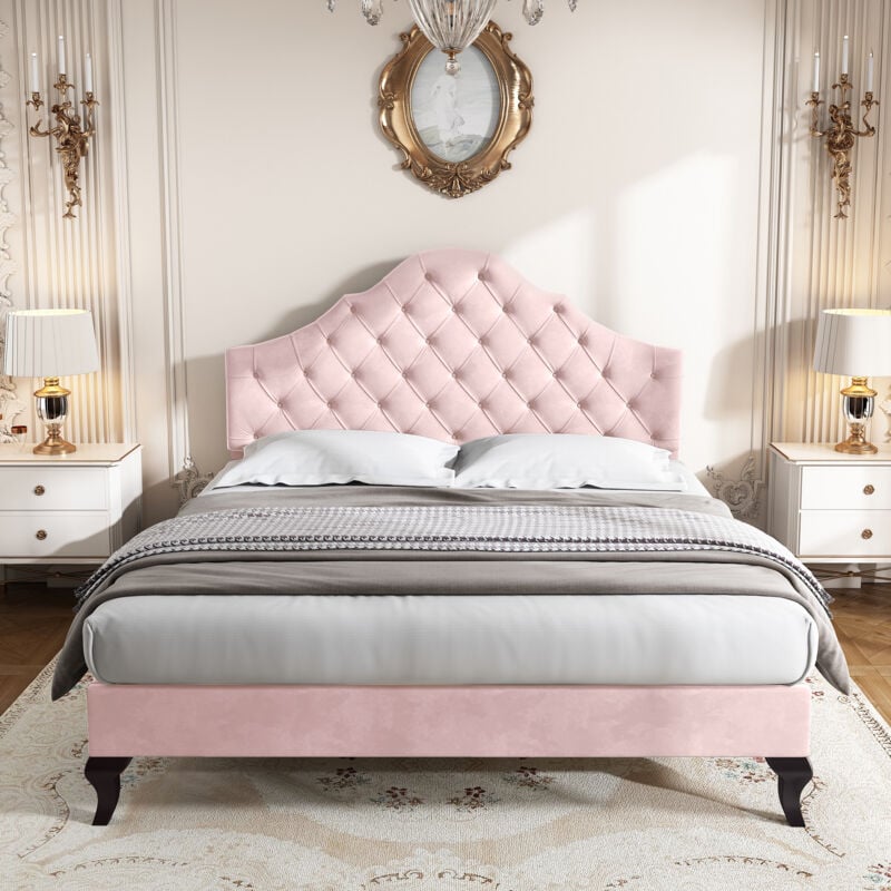 foto del prodotto letto per adulti letto per ragazzi letto matrimoniale imbottito 140 x 200 cm con rete a doghe e testiera, in velluto, rosa