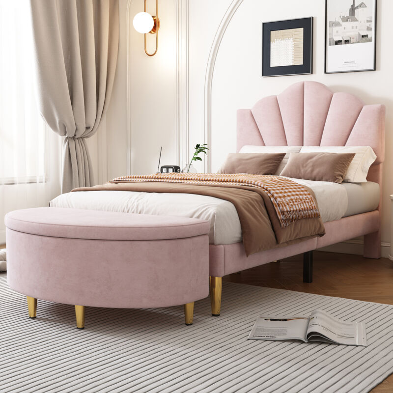 foto del prodotto letto per adulti letto singolo letto per bambini 90 x 200 cm a forma di conchiglia con panca, rosa