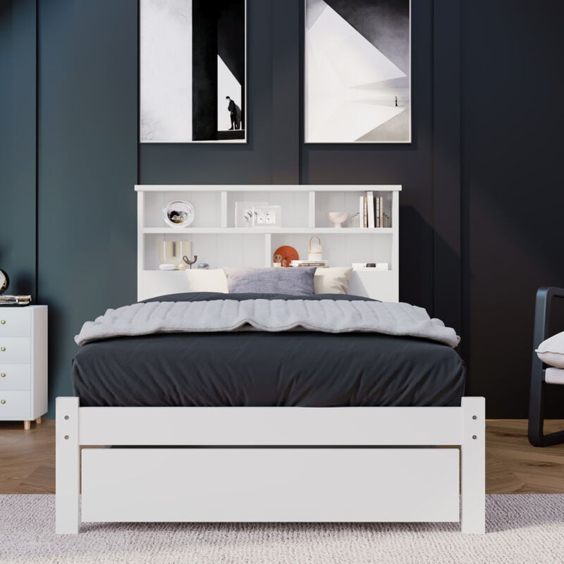 foto del prodotto letto per adulti letto singolo per bambini 90 x 200 cm in legno con cassetti e libreria. bianco