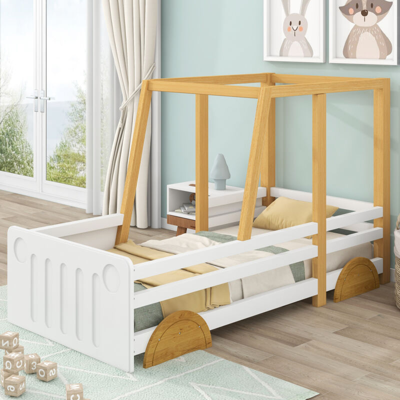 foto del prodotto letto per auto, letto per jeep, lettino per bambini con ruote in mdf, struttura in pino, bianco naturale 90x200 cm okwish