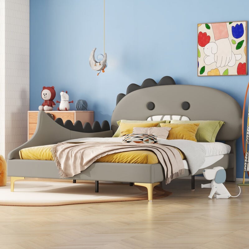 foto del prodotto letto per bambini 140 x 200 cm, a forma di dinosauro dei cartoni animati, letto piatto, materiale pu, grigio
