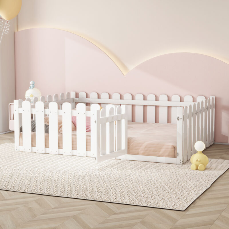 foto del prodotto letto per bambini 140 x 200 cm, giroletto in legno con bordo e anta, bianco