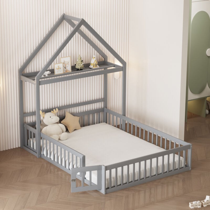 foto del prodotto letto per bambini 140 x 200, struttura letto per bambini in legno massiccio con vano portaoggetti, griglia di protezione completa, ante e rete a