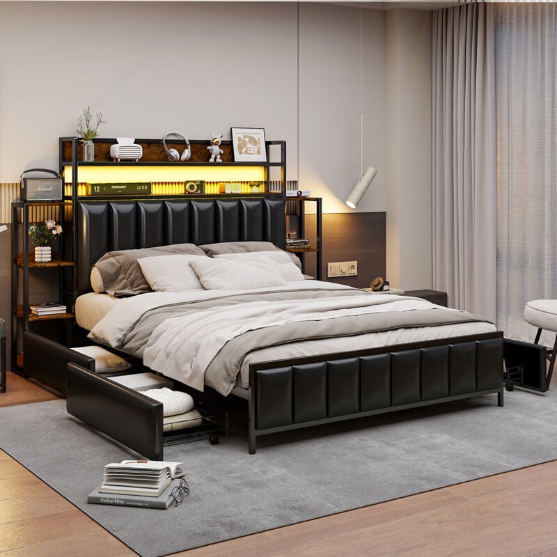foto del prodotto letto per bambini 140x200 cm con 4 cassetti e ripiani, testiera contenitore con led, giroletto in ferro, rivestimento in similpelle, nero
