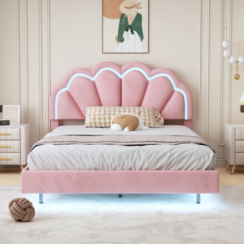 foto del prodotto letto per bambini 140x200 cm, letto matrimoniale, letto imbottito rosa con led e testiera, in tessuto di velluto