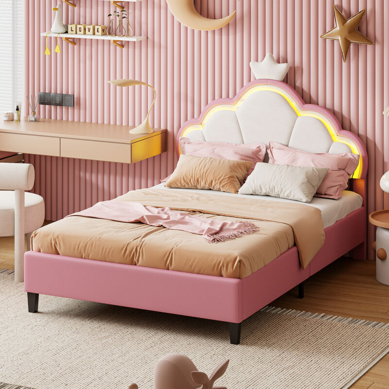 foto del prodotto letto per bambini 140x200 cm, letto principessa, letto matrimoniale imbottito con rete a doghe, led regolabile, tessuto in velluto, rosa