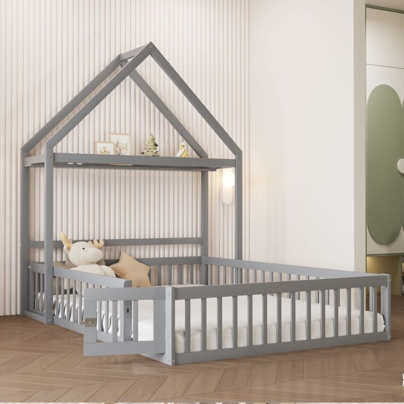 foto del prodotto letto per bambini 140x200, struttura in legno massiccio con contenitore, porta di sicurezza completa grigio