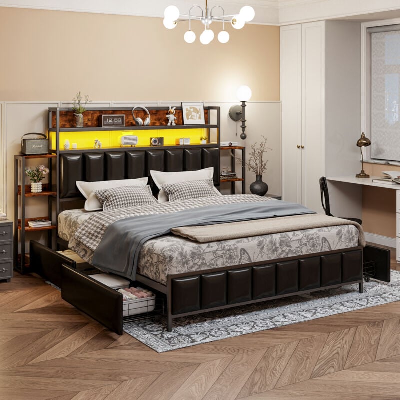 foto del prodotto letto per bambini 160x200 cm con 4 cassetti e ripiani, testiera contenitore con led, giroletto in ferro, rivestimento in similpelle, nero
