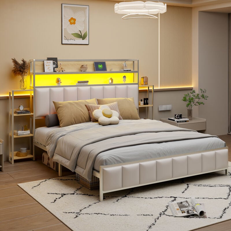 foto del prodotto letto per bambini 160x200 cm con ripiani, testiera contenitore imbottita con led, giroletto in ferro, rivestimento in similpelle, bianco