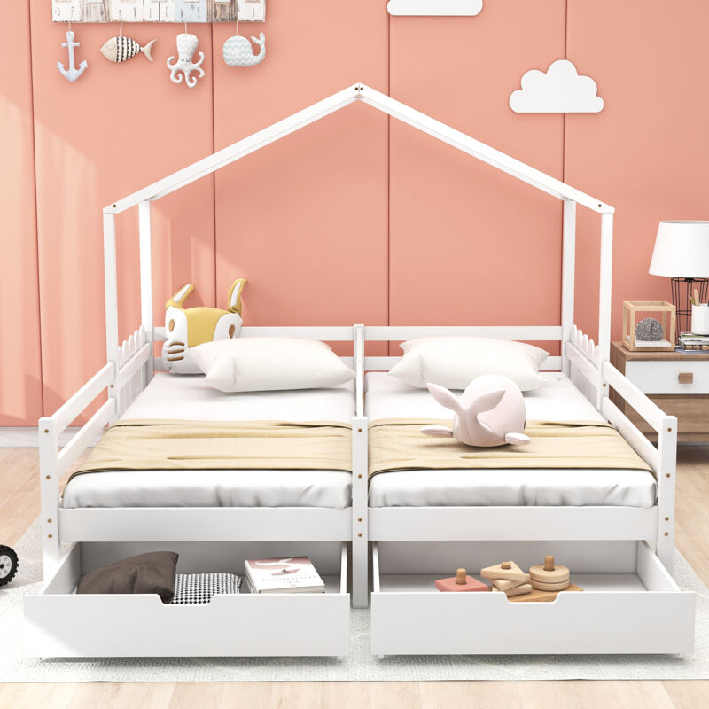foto del prodotto letto per bambini 200 x 90 cm, cassetti su rotelle e rete a doghe di pino bianco
