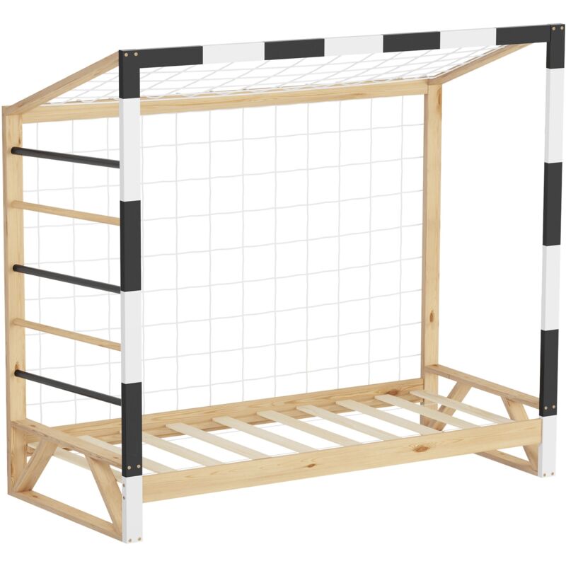foto del prodotto letto per bambini 80x160 cm naturale con porta da calcio bianco nero scala e rete letto singolo legno di pino con doghe struttura per cameretta
