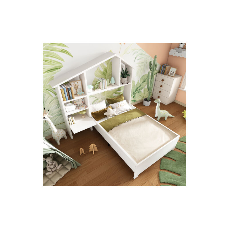 foto del prodotto letto per bambini 90 200 cm, letto in legno con scaffali, vano portaoggetti e rete a doghe, letto singolo per bambini, senza materasso, bianco