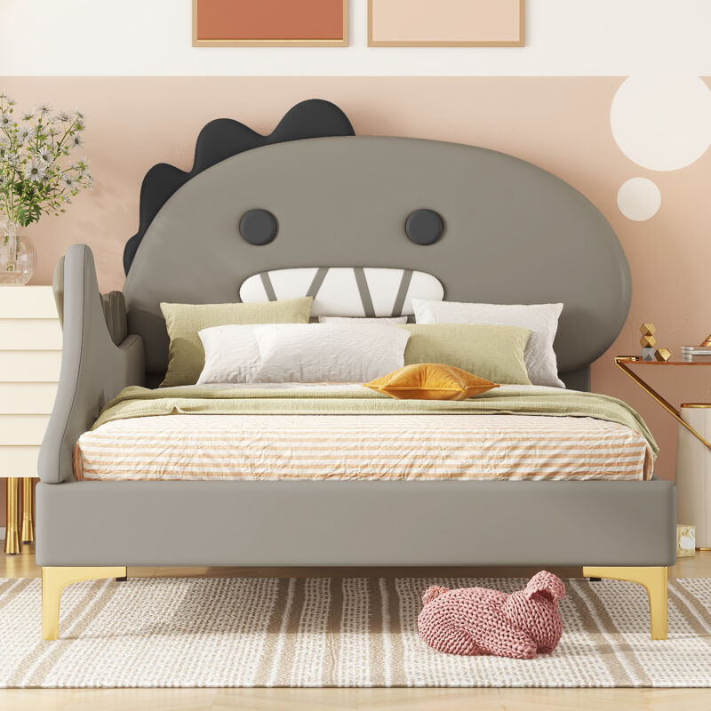foto del prodotto letto per bambini 90 x 200 cm, a forma di dinosauro dei cartoni animati, letto piatto, materiale pu, grigio
