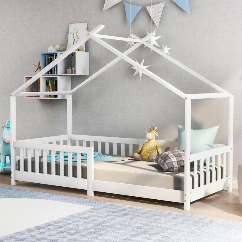 foto del prodotto letto per bambini 90 x 200 cm, letto a soppalco con rete e doghe, protezione anticaduta, letto singolo, senza materasso, bianco