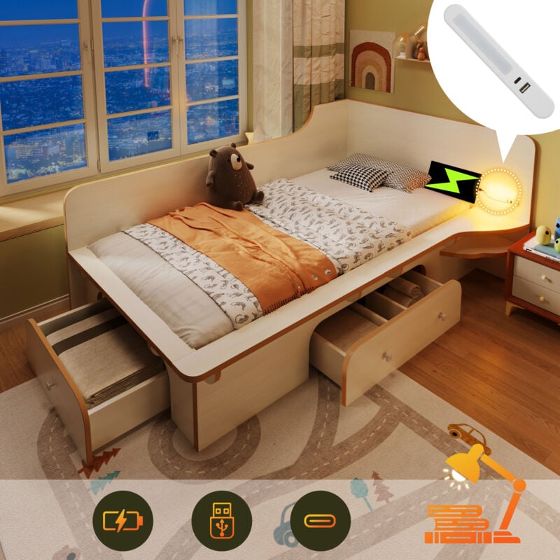 foto del prodotto letto per bambini 90 x 200 cm, letto in legno con luce di lettura, usb, tipo c e 3 cassetti, giroletto per adulti, bambini e ragazzi, design