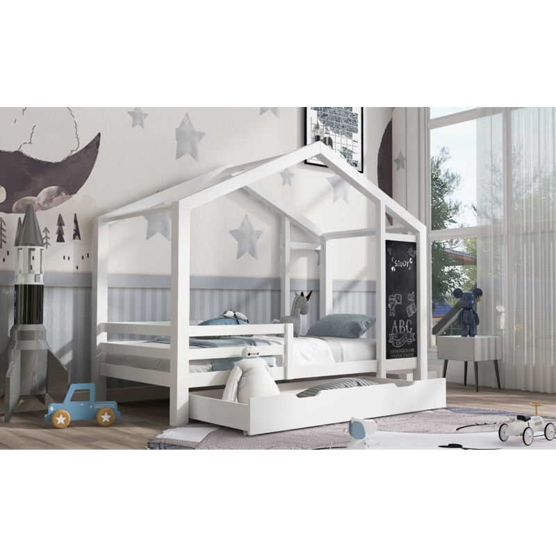 foto del prodotto letto per bambini 90 x 200 cm, letto in legno con tavola e 2 cassetti, legno massiccio con recinzione e rete a doghe, bianco senza materasso okwish