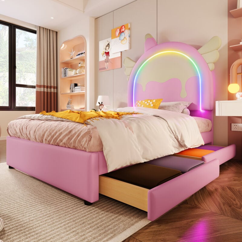 foto del prodotto letto per bambini 90 x 200 cm, letto singolo imbottito, barra luminosa a led, con 2 cassetti, forma unicorno, pu, senza materasso, rosa