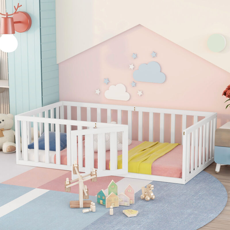 foto del prodotto letto per bambini 90 x 200, struttura in legno con recinzione e porta, bianco vecchio sku wf316892aaw 