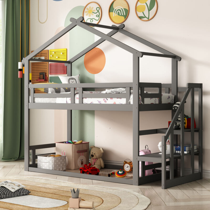foto del prodotto letto per bambini 90200 cm, letto a castello basso con scala di sicurezza, struttura letto a castello in legno massello con rete a doghe, grigio