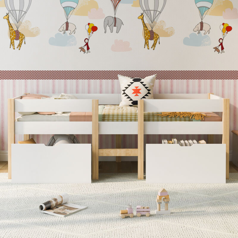 foto del prodotto letto per bambini 90x190 cm, letto a mezza altezza con protezione anticaduta e 2 cassetti, bianco