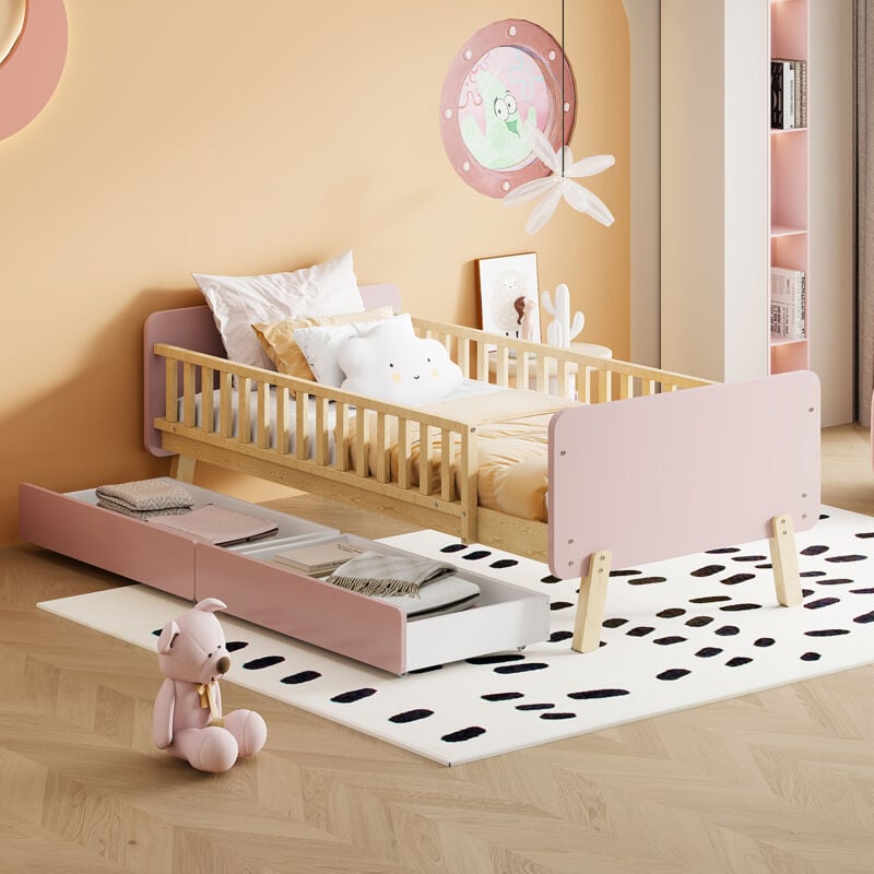 foto del prodotto letto per bambini 90x190 con 2 cassetti, letto singolo in legno massello con rete a doghe, rosa