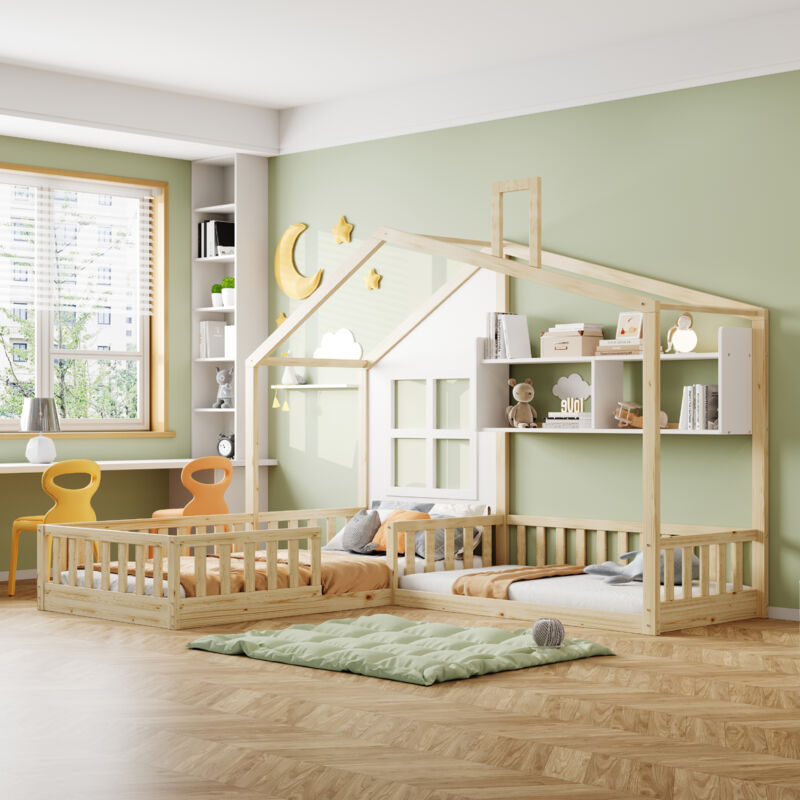 foto del prodotto letto per bambini 90x200 cm 140x70 cm con finestra e camino a forma di casa con ripiani, rete in legno massello dal pavimento al soffitto con