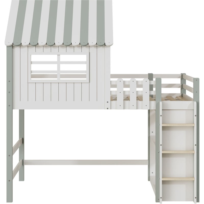 foto del prodotto letto per bambini 90x200 cm, a forma di tetto con scala di sicurezza e contenitore, verde