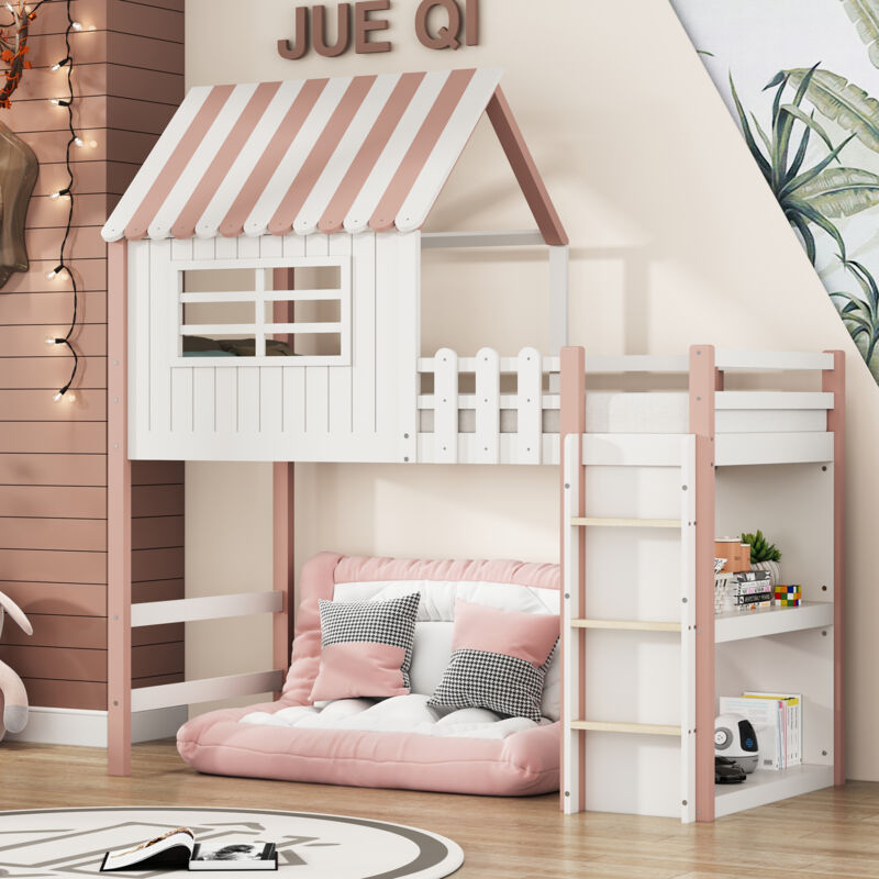 foto del prodotto letto per bambini 90x200 cm, a forma di tetto, con scala di sicurezza, vano portaoggetti, letto multifunzione, letto in legno massiccio, rosa