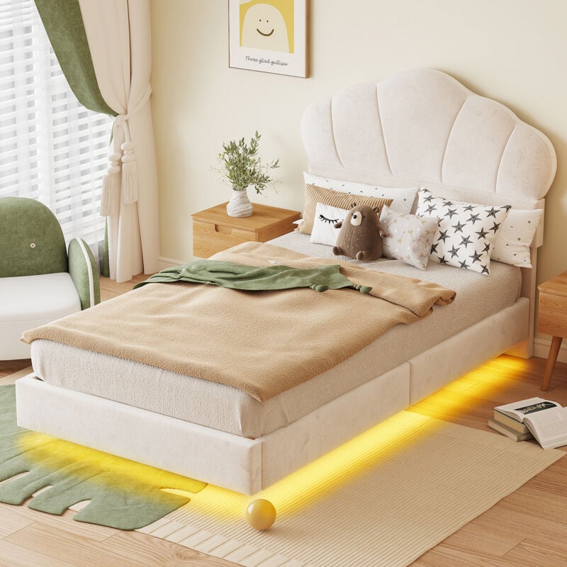 foto del prodotto letto per bambini 90x200 cm, con led, testiera a forma di nuvola, velluto, beige senza materasso 