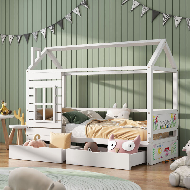 foto del prodotto letto per bambini 90x200 cm con protezione per finestra e due cassetti portaoggetti, letto a soppalco multifunzionale in legno di pino massello per