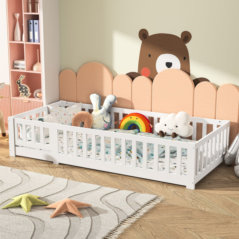 foto del prodotto letto per bambini 90x200, letto singolo, letto piano, letto a soppalco, con rete a doghe, protezione anticaduta, pino massiccio, bianco