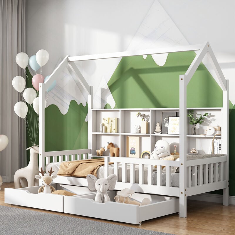 foto del prodotto letto per bambini 90x200cm, con libreria multiuso, ripiano e due ampi cassetti, in legno massello con recinzione, bianco