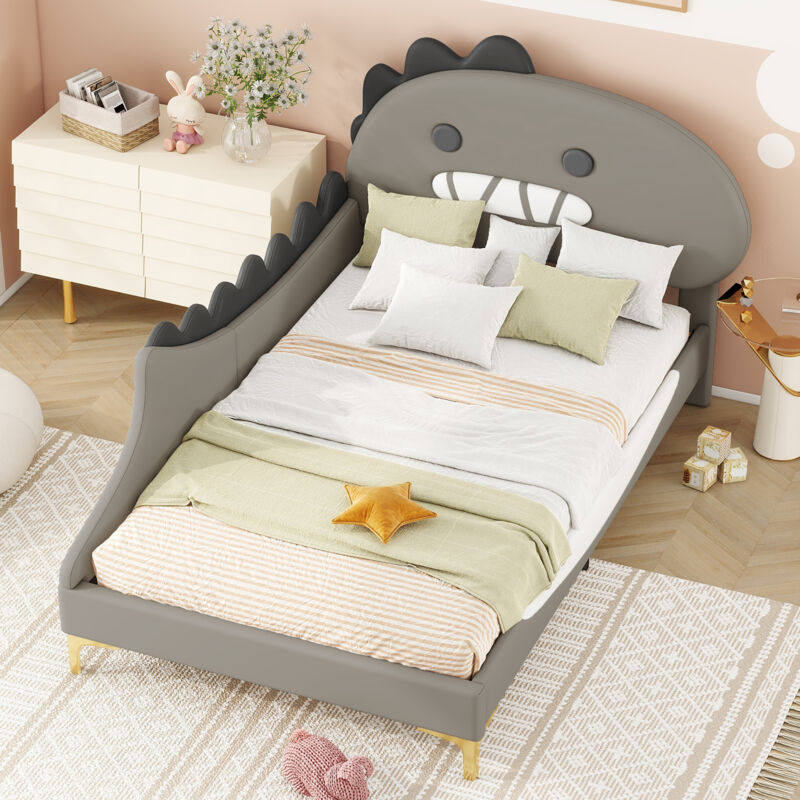 foto del prodotto letto per bambini 90x200cm, letto singolo, a forma di dinosauro dei cartoni animati, materiale pu, senza materasso, grigio