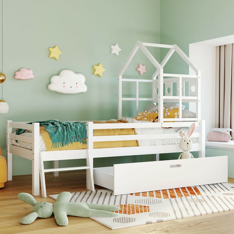 foto del prodotto letto per bambini a soppalco con scala e cassetti, con rete a doghe e protezione anticaduta, 90x200cm casa per bambini letto per ragazzi letto da
