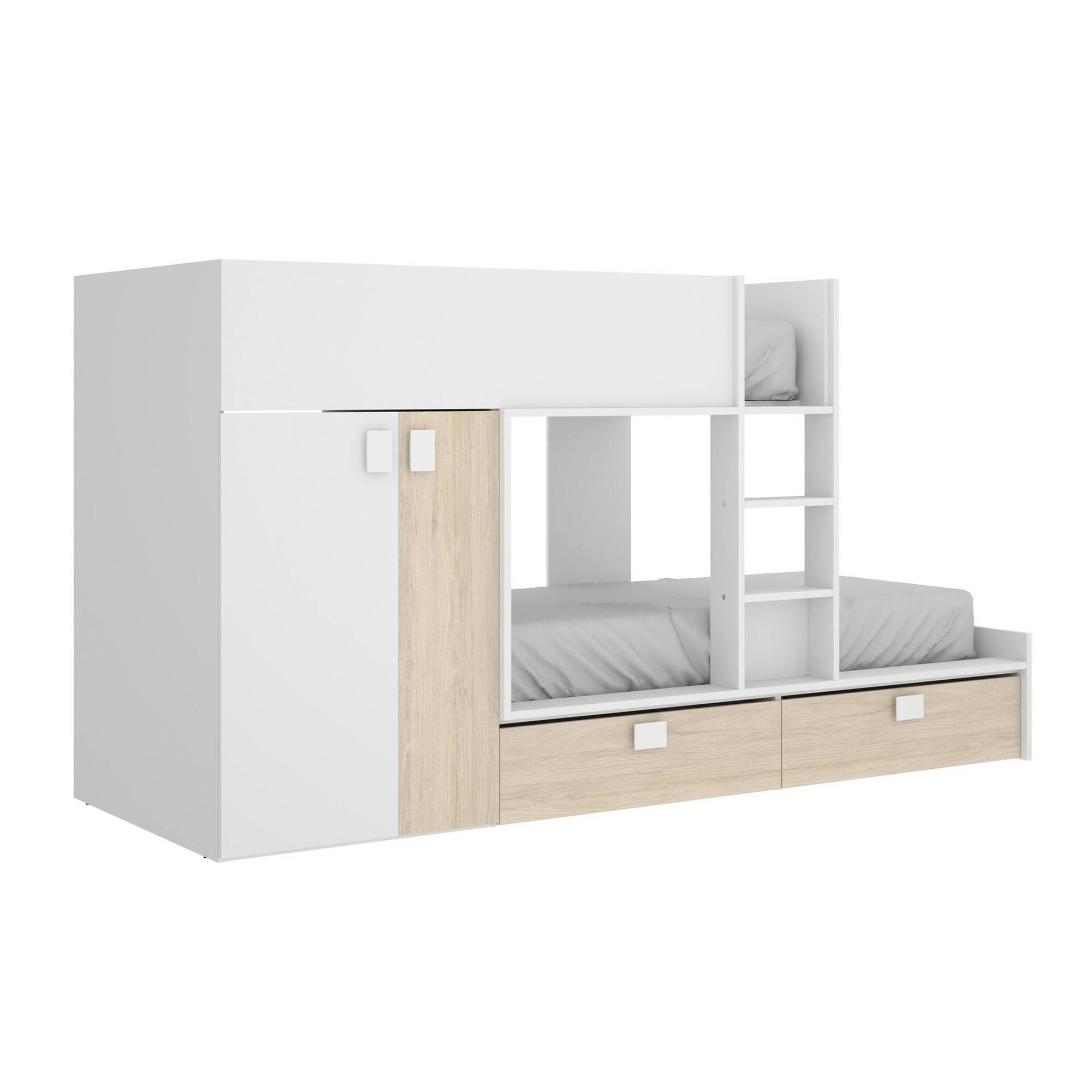foto del prodotto letto per bambini acerola, cameretta completa con armadio e cassetti, composizione letto a castello con due lettini singoli, 275x108h150 cm, bianco e rovere