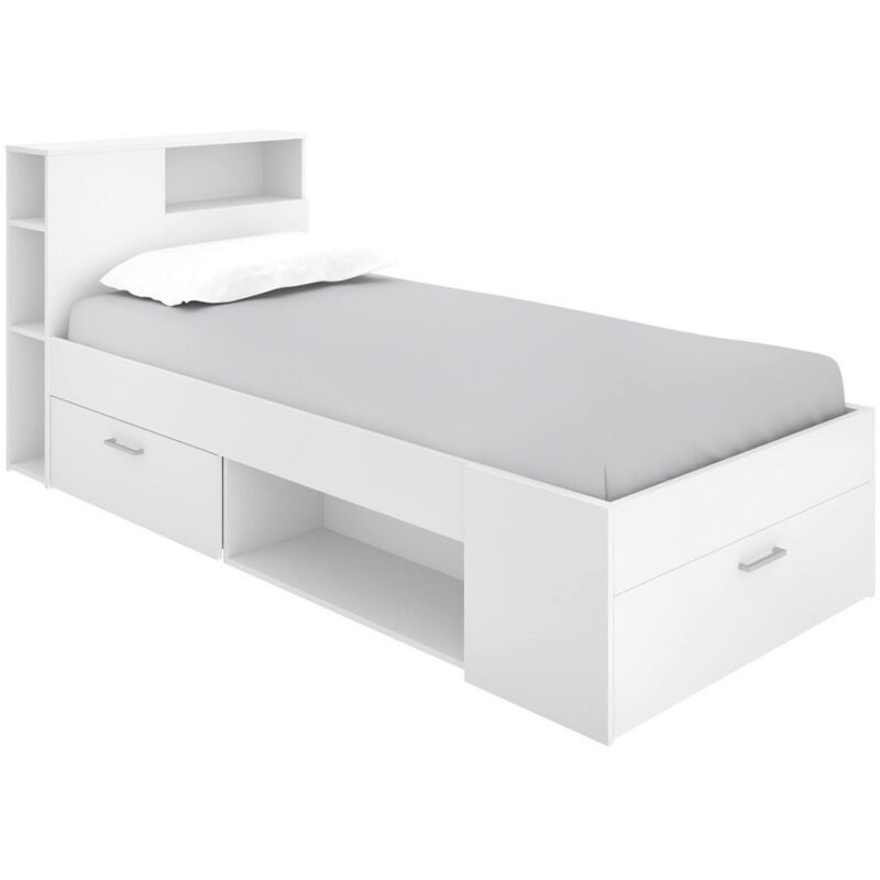 foto del prodotto letto per bambini adrielle, lettino per cameretta con testiera, struttura per letto singolo con cassetto e scaffali, 218x99h96 cm, bianco dmora