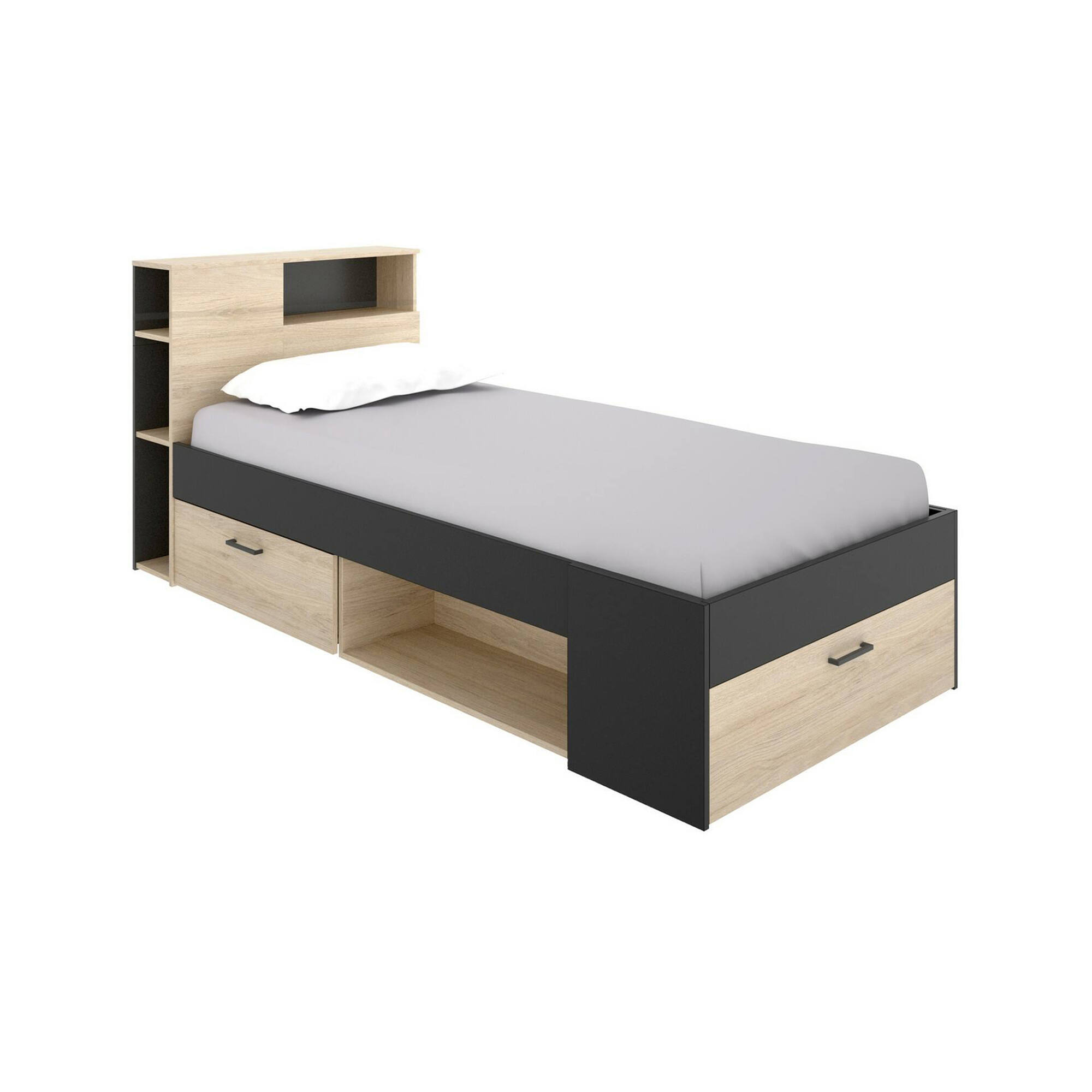 foto del prodotto letto per bambini adrielle, lettino per cameretta con testiera, struttura per letto singolo con cassetto e scaffali, 218x99h96 cm, rovere e antracite